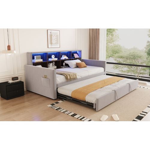 Lit Gigogne 90x190 Cm En Velours Gris Clair Avec Tiroir Extensible, LED, USB Et Rangements Intégrés