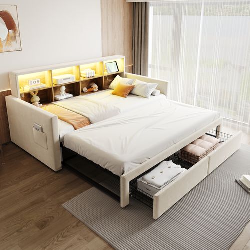 Lit Gigogne Extensible 90/180x190 Cm En Velours Beige Avec Rangements, LED Et Prises USB
