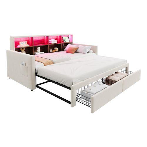 Lit Gigogne Extensible 90/180x190 Cm En Velours Beige Avec Rangements, LED Et Prises USB