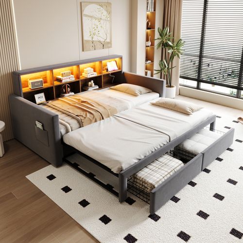 Lit Gigogne Extensible 90/180x190 Cm En Velours Gris Foncé Avec Rangements, LED Et Prises USB