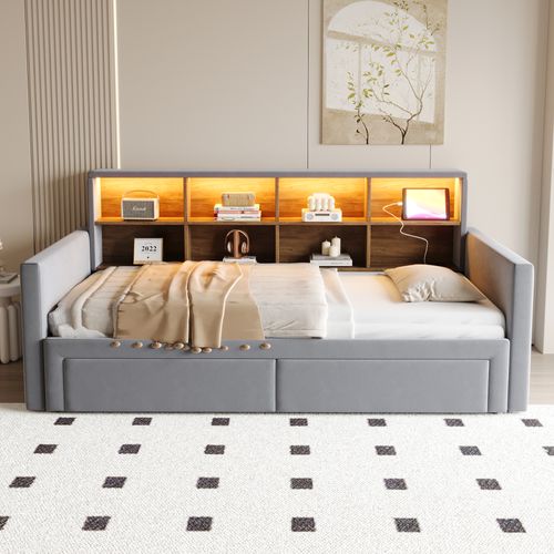 Lit Gigogne Extensible 90/180x190 Cm En Velours Gris Foncé Avec Rangements, LED Et Prises USB