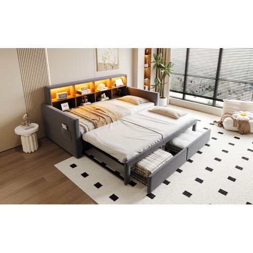 Lit Gigogne Extensible 90/180x190 Cm En Velours Gris Foncé Avec Rangements, LED Et Prises USB