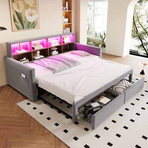 Lit Gigogne Extensible 90/180x190 Cm En Velours Gris Clair Avec Rangements, LED Et Prises USB