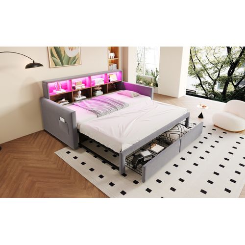 Lit Gigogne Extensible 90/180x190 Cm En Velours Gris Clair Avec Rangements, LED Et Prises USB