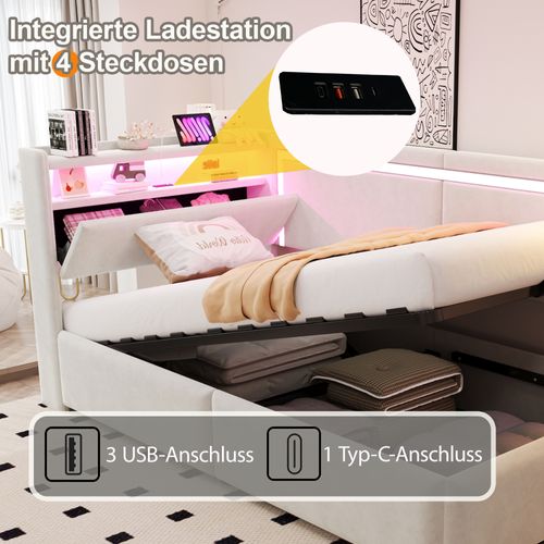 Canapé-lit 90x200 Cm En Velours Beige Avec LED, USB Et Rangement Hydraulique