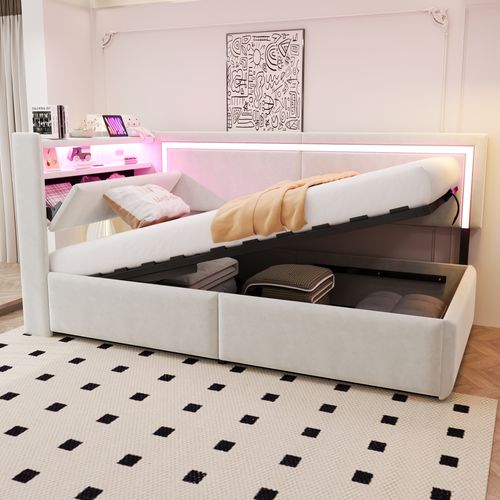 Canapé-lit 90x200 Cm En Velours Beige Avec LED, USB Et Rangement Hydraulique