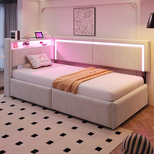 Canapé-lit 90x200 Cm En Velours Beige Avec LED, USB Et Rangement Hydraulique