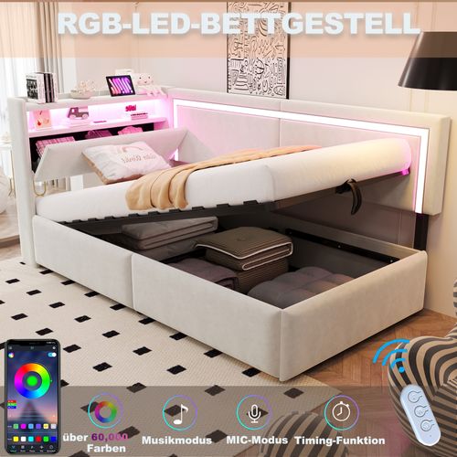 Canapé-lit 90x200 Cm En Velours Beige Avec LED, USB Et Rangement Hydraulique