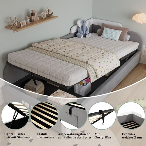 Lit Enfant 90x200 Cm En Velours Gris Avec Rangement Hydraulique Et Barrière Douce Gauche