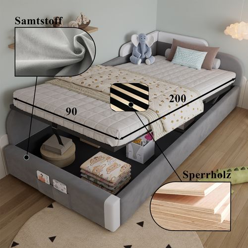 Lit Enfant 90x200 Cm En Velours Gris Avec Rangement Hydraulique Et Barrière Douce Gauche