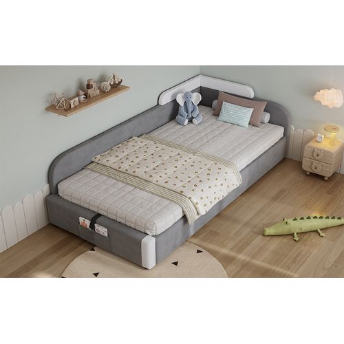 Lit Enfant 90x200 Cm En Velours Gris Avec Rangement Hydraulique Et Barrière Douce Gauche