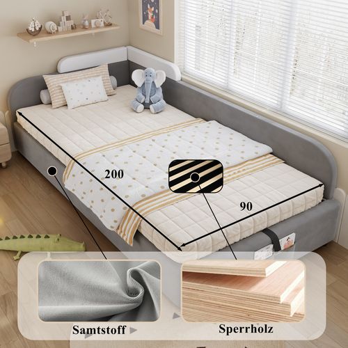 Lit Enfant 90x200 Cm Gris Avec Rangement Hydraulique Et Barrière Douce Droite