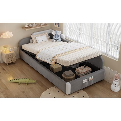 Lit Enfant 90x200 Cm Gris Avec Rangement Hydraulique Et Barrière Douce Droite