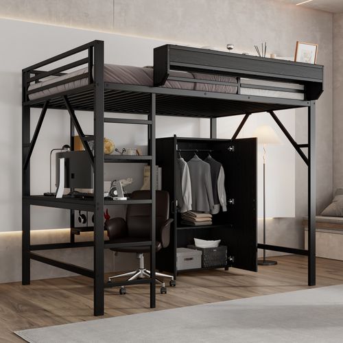 Lit Mezzanine Enfant 140x200 Cm En Métal Avec Rangement, Bureau Et Armoire Intégrée
