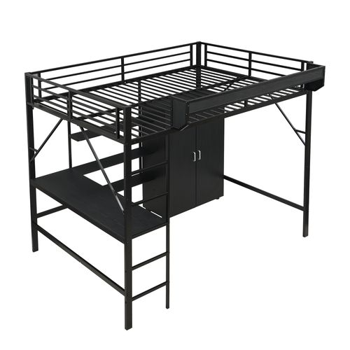 Lit Mezzanine Enfant 140x200 Cm En Métal Avec Rangement, Bureau Et Armoire Intégrée