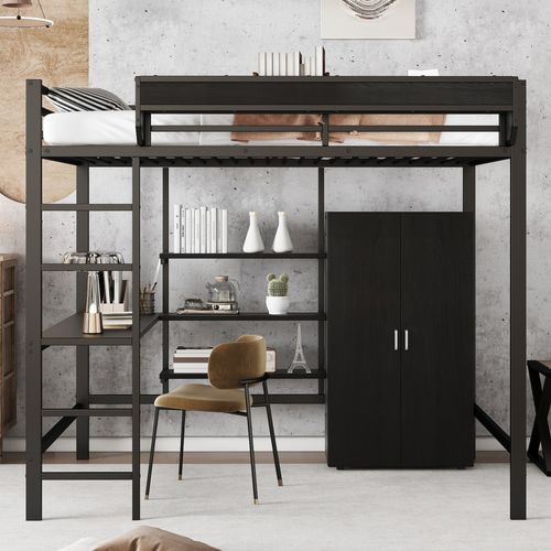 Lit Mezzanine Enfant 140x200 Cm En Métal Avec Rangement, Bureau Et Armoire Intégrée