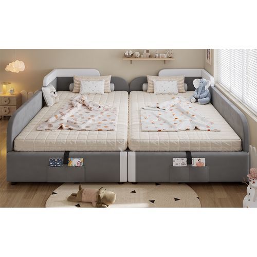 Lit Double Pour Enfants En Velours Gris, Hydraulique Avec Rangement Et Barrières Douces, 90x200cm