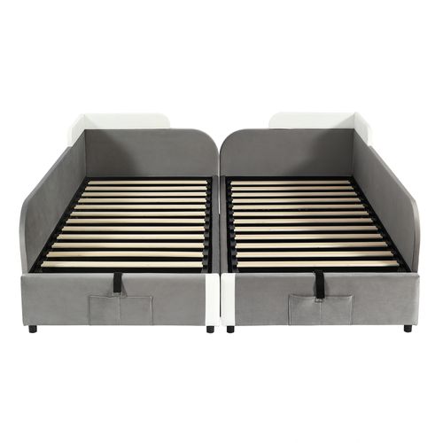 Lit Double Pour Enfants En Velours Gris, Hydraulique Avec Rangement Et Barrières Douces, 90x200cm