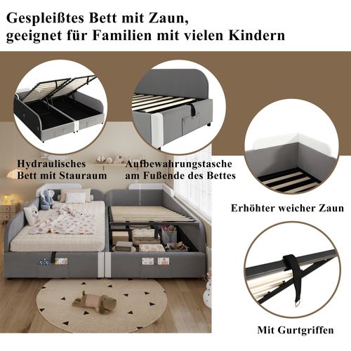 Lit Double Pour Enfants En Velours Gris, Hydraulique Avec Rangement Et Barrières Douces, 90x200cm