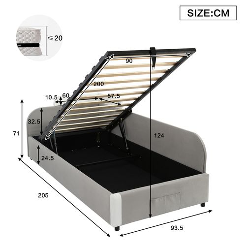 Lit Double Pour Enfants En Velours Gris, Hydraulique Avec Rangement Et Barrières Douces, 90x200cm