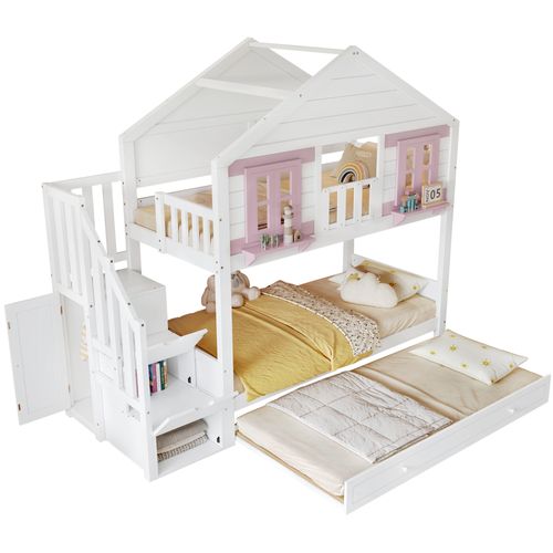 Lit Superposé Avec Lit Tiroir, Fenêtres Décoratives Et Penderie Intégrée Pour Enfants 90x200cm