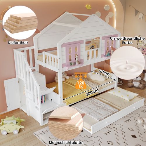 Lit Superposé Avec Lit Tiroir, Fenêtres Décoratives Et Penderie Intégrée Pour Enfants 90x200cm