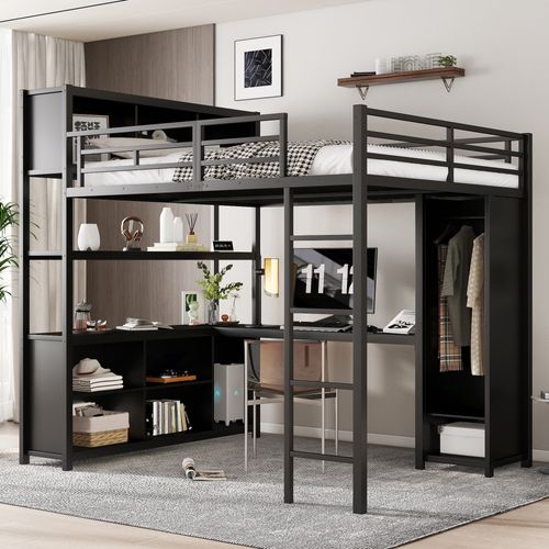 Lit Mezzanine En Métal Avec Espace De Rangement Double Et Armoire Intégrée 140x200cm