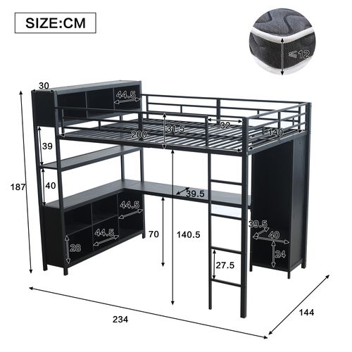Lit Mezzanine En Métal Avec Espace De Rangement Double Et Armoire Intégrée 140x200cm