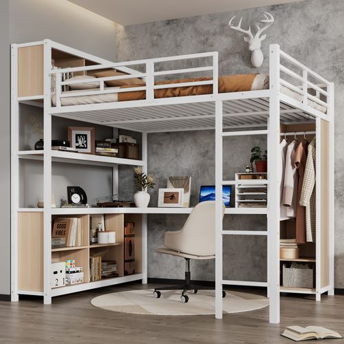 Lit Mezzanine En Métal Avec Rangement Double Et Armoire Intégrée Blanc+nature 140x200cm