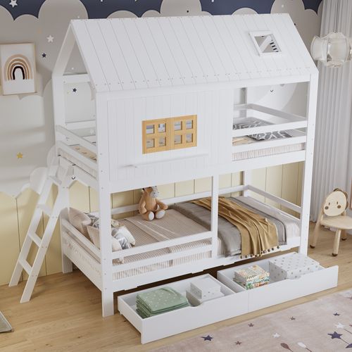 Lit Superposé Enfant Avec Toit Et Fenêtres, 2 Tiroirs Spacieux 90x200cm