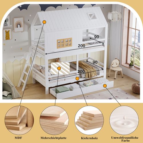 Lit Superposé Enfant Avec Toit Et Fenêtres, 2 Tiroirs Spacieux 90x200cm