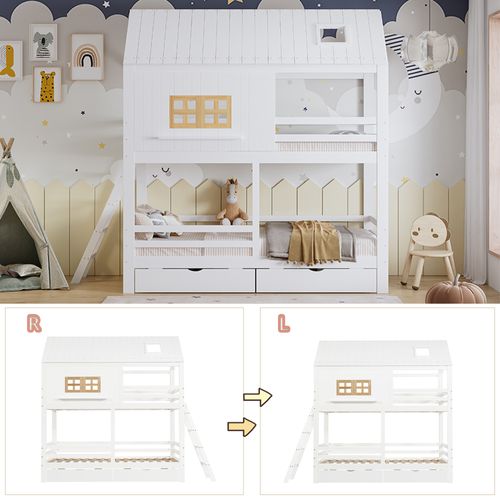 Lit Superposé Enfant Avec Toit Et Fenêtres, 2 Tiroirs Spacieux 90x200cm