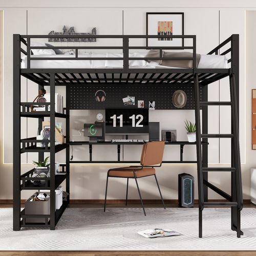 Lit Mezzanine Avec Rangement, Étagères Et Prise Intégrée 140x200cm