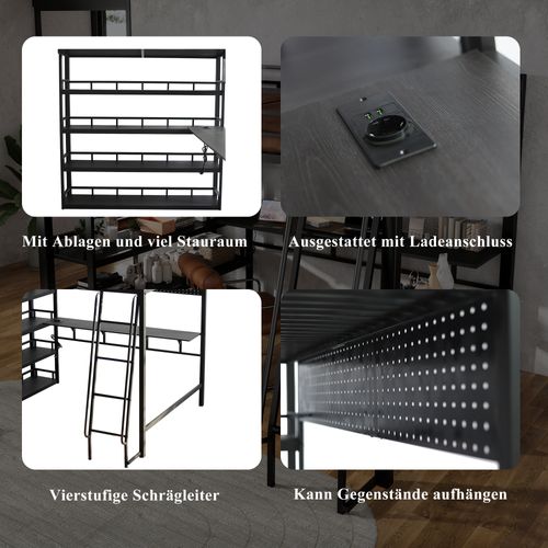 Lit Mezzanine Avec Rangement, Étagères Et Prise Intégrée 140x200cm