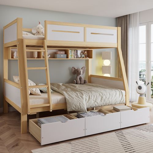 Lit Superposé Enfant Avec Tiroirs, Bibliothèque Et Sécurité Renforcée 90x200 et 120x200cm