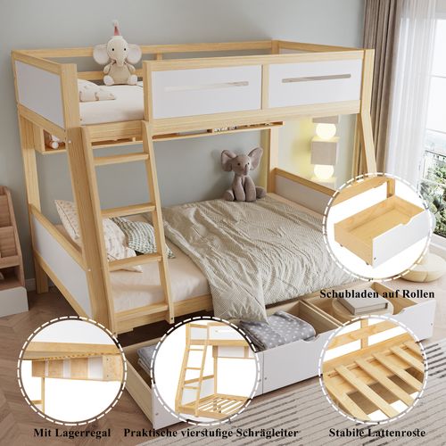 Lit Superposé Enfant Avec Tiroirs, Bibliothèque Et Sécurité Renforcée 90x200 et 120x200cm