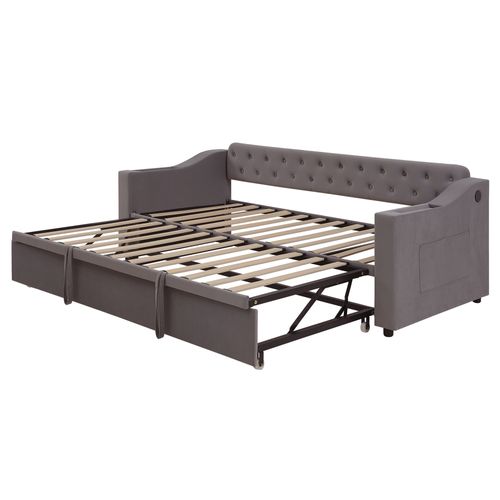 Lit Gigogne, Canapé-lit 90/180x190 Cm En Velours Gris Foncé Avec Rangements Et USB Intégré