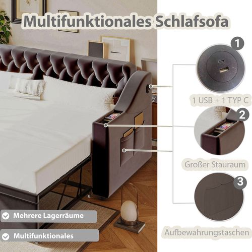 Lit Gigogne, Canapé-lit 90/180x190 Cm En Velours Gris Foncé Avec Rangements Et USB Intégré