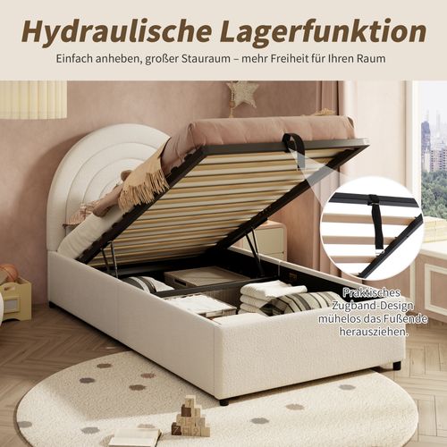 Lit Enfant Et Adolescent 90x200 Beige En Bouclé Avec Sommier Et Coffre Intégré