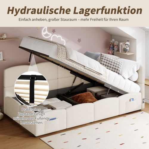Lit Enfant Multifonction 90x200 Beige En Bouclé Avec Coffre Hydraulique Et Ports USB