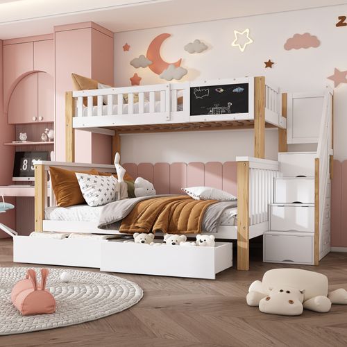 Lit Superposé Enfant 90x200+140x200 Blanc Et Chêne Clair Avec Tableau Et Tiroirs