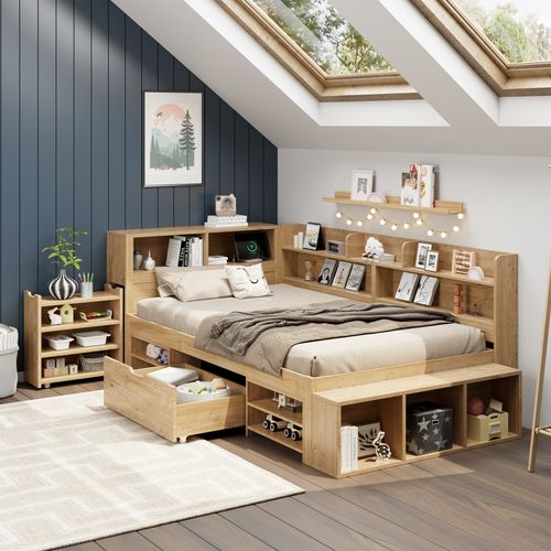 Lit Enfant 90x200 Cm Multifonction En Bois Naturel Avec Rangement, Étagères Et Charge Sans Fil