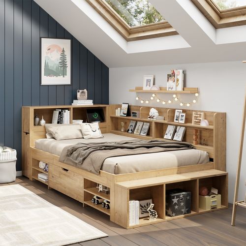 Lit Enfant 90x200 Cm Multifonction En Bois Naturel Avec Rangement, Étagères Et Charge Sans Fil