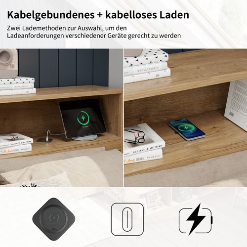 Lit Enfant 90x200 Cm Multifonction En Bois Naturel Avec Rangement, Étagères Et Charge Sans Fil