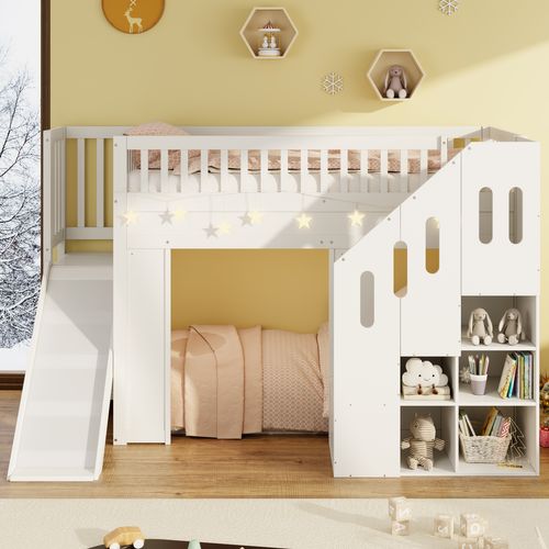Lit Mezzanine Enfant 90x200 Cm Blanc Avec Toboggan, Escalier Rangement Et LED Intégrée