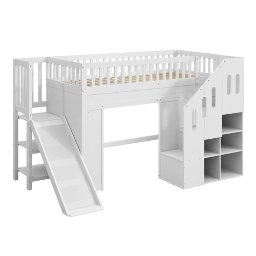 Lit Mezzanine Enfant 90x200 Cm Blanc Avec Toboggan, Escalier Rangement Et LED Intégrée