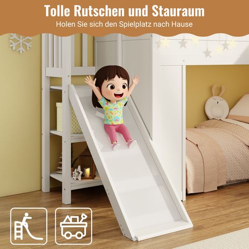 Lit Mezzanine Enfant 90x200 Cm Blanc Avec Toboggan, Escalier Rangement Et LED Intégrée