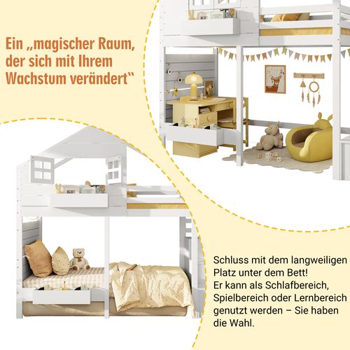 Lit Mezzanine Enfant 90x200 Cm Blanc Avec Fenêtre, Escalier Rangement Et Coin Jeu Modulable