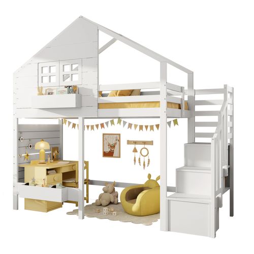 Lit Mezzanine Enfant 90x200 Cm Blanc Avec Fenêtre, Escalier Rangement Et Coin Jeu Modulable