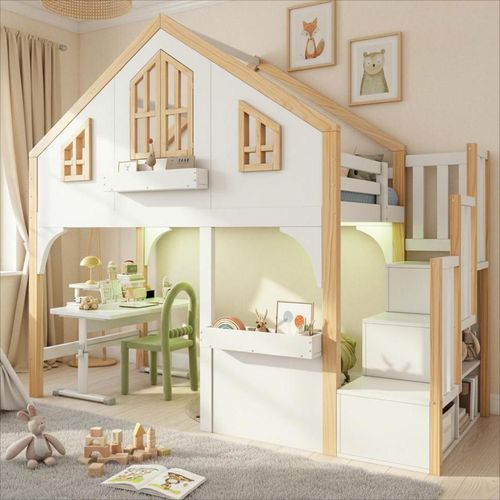 Lit Mezzanine Enfant 90x200 Cm Blanc Et Bois Avec LED, Fenêtre Et Escalier De Rangement